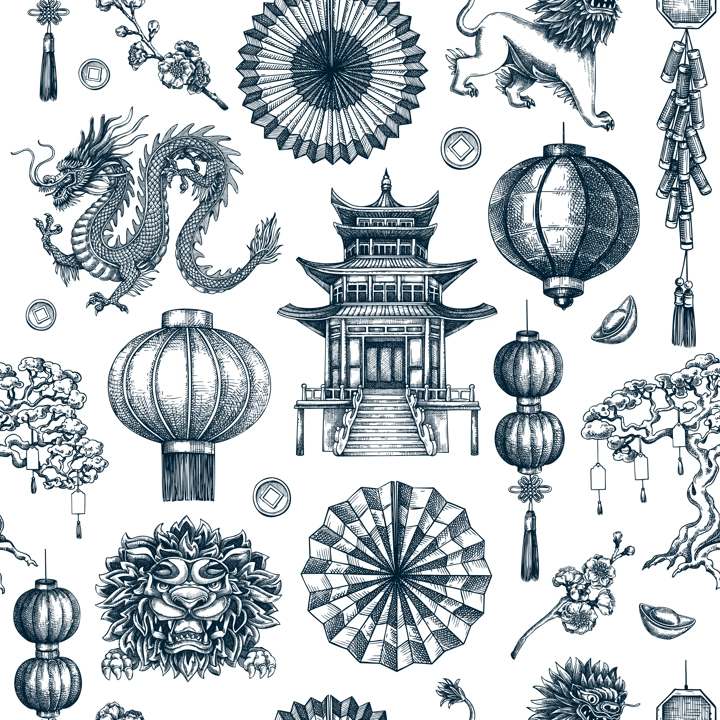 Traditional China seamless pattern. Chinese New Year dbackground. Hand-drawn vector illustrations. NOT AI generated